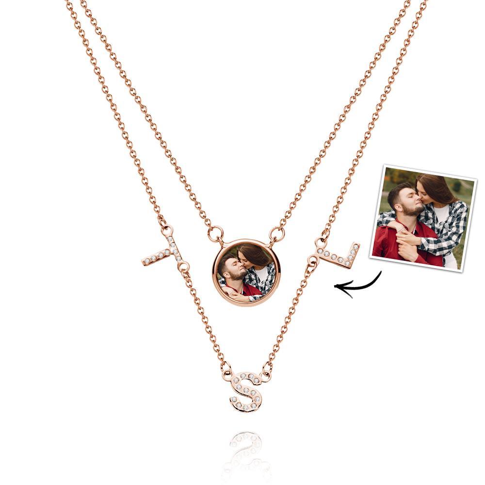 Double Chain Set Personalized Photo Necklace with Your Initial Gift for Her - soufeelus
