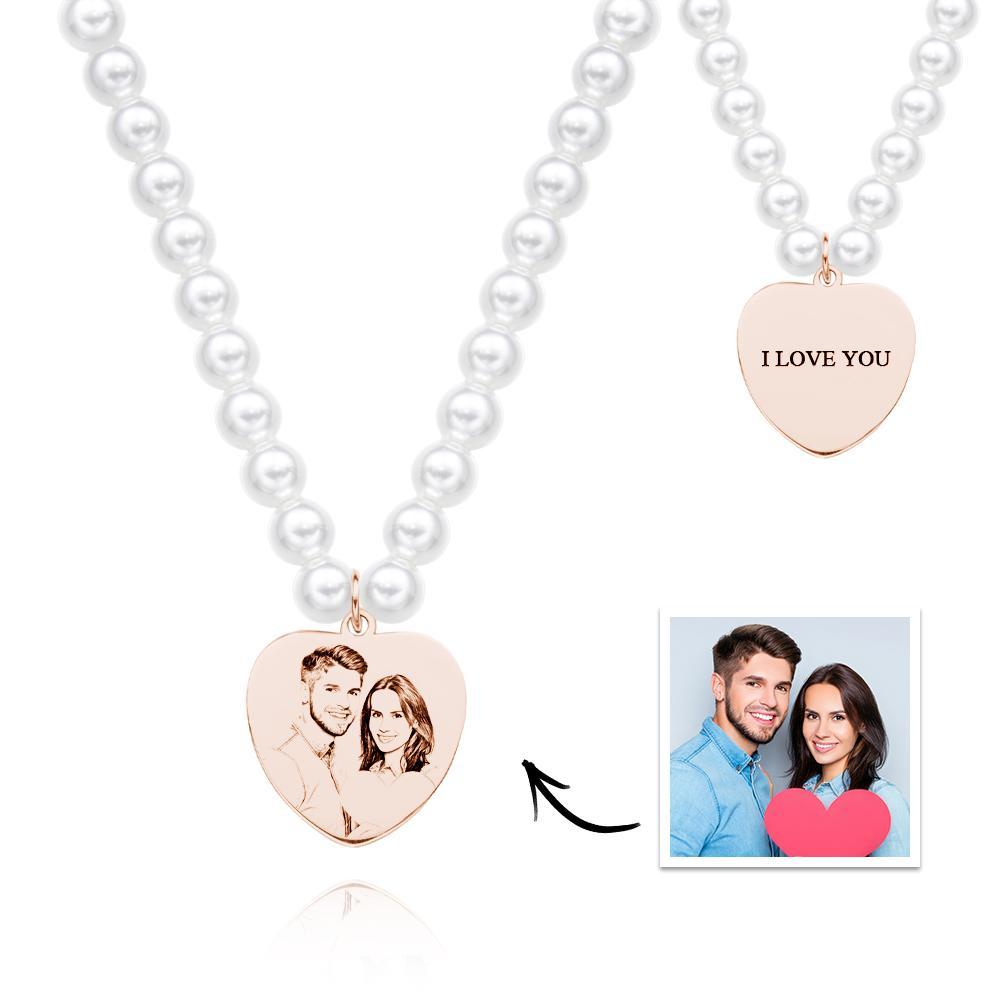 Custom Photo Engraved Necklace Pearl Chain Heart Gift - soufeelus