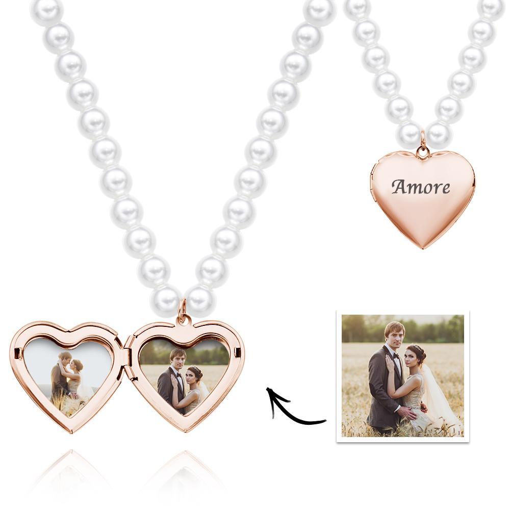 Custom Photo Engraved Necklace Pearl Heart Couple Gift - soufeelus