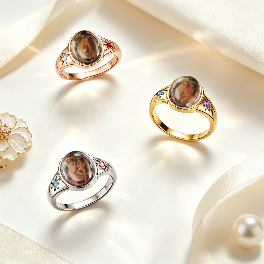 Custom Oval Photo Ring with 2 Birthstones – Personalized Gold Picture Ring Gift for Her Birthday Gift