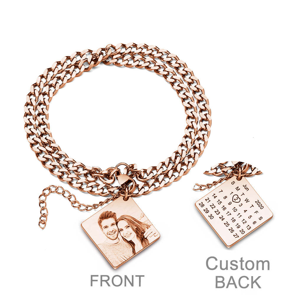 Custom Photo Engraved Date Bracelet Personalized Calendar Double Chain Bracelet Gift For Men - soufeelus