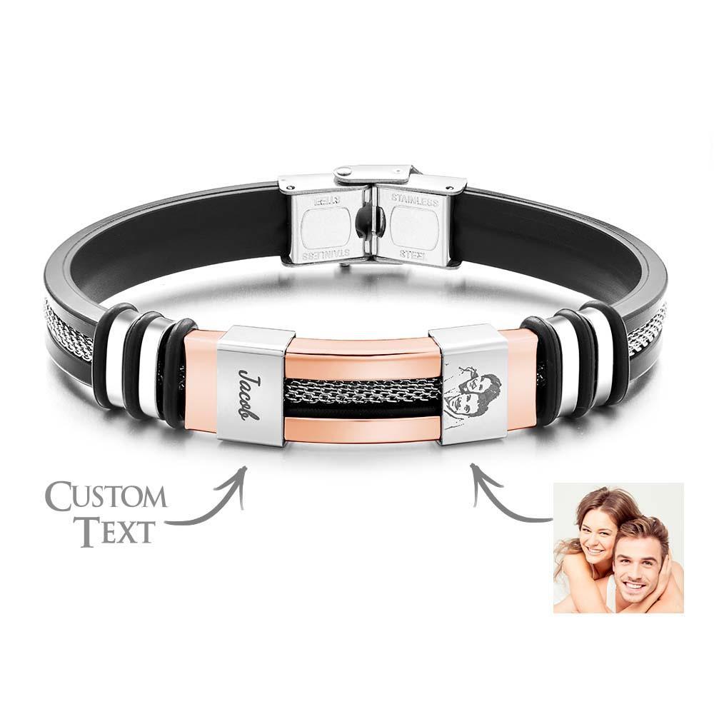 Mens Silicone Photo Bracelet with text Custom Family Photo Gifts for Dad Personalised Gift for Him - soufeelus