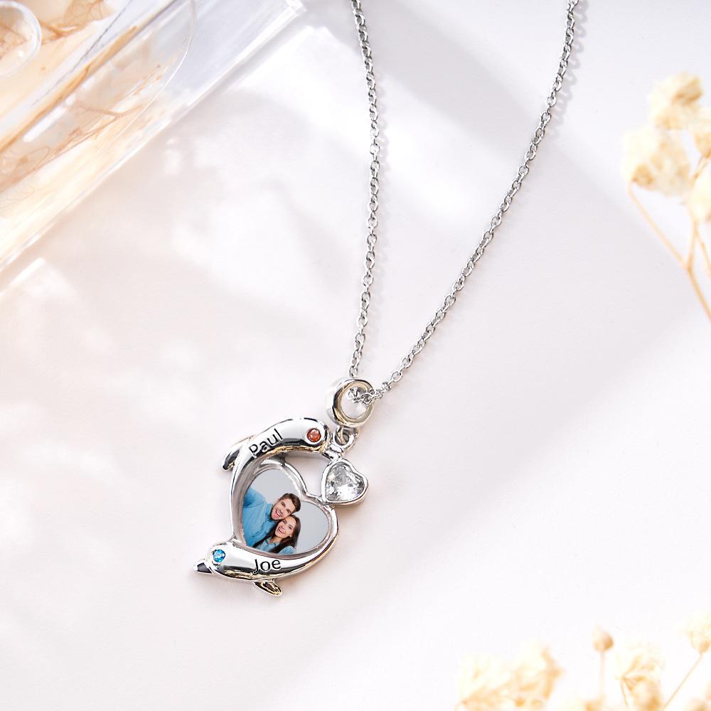 Personalized Photo Dolphin Birthstone Necklace Valentine's Day Gifts For Couples - soufeelus