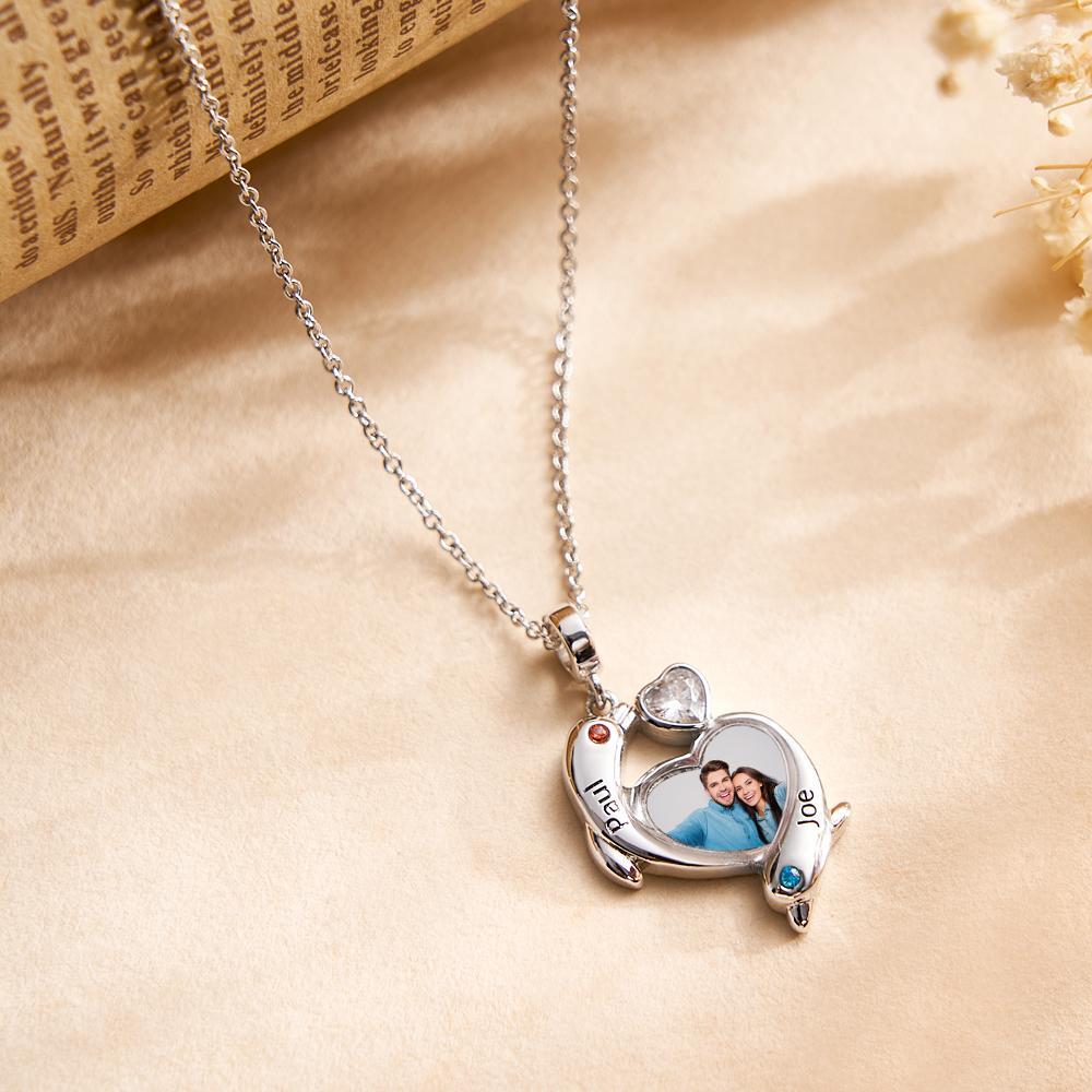 Personalized Photo Dolphin Birthstone Necklace Valentine's Day Gifts For Couples - soufeelus