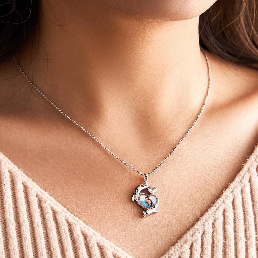 Personalized Photo Dolphin Birthstone Necklace Valentine's Day Gifts For Couples - soufeelus