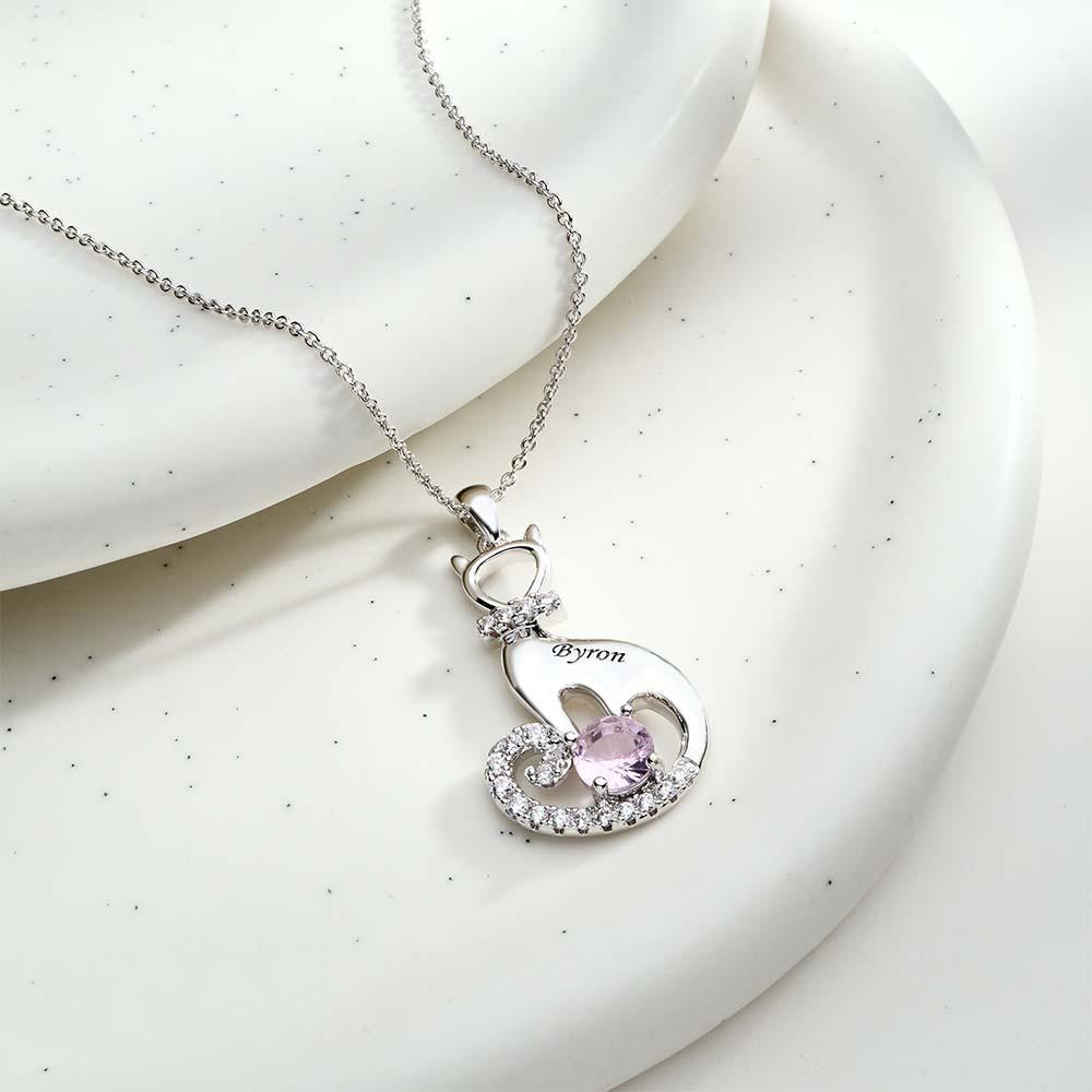 Lovely Cat Birthstone Necklace With Text Unique Zircon Pendant Jewelry Gifts For Women - soufeelus