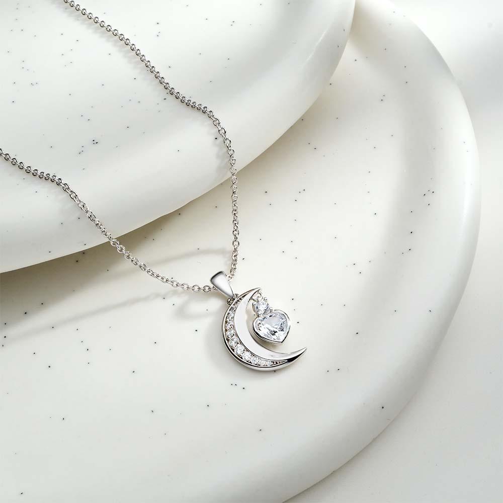 Engravable Zircon Moon Necklace With Heart Birthstone Pendant Jewelry Gifts For Her - soufeelus