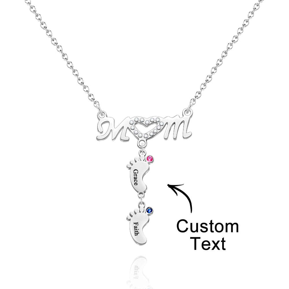 Mother's Necklace With Small Custom Name & Birthstone Baby Foot Charms - soufeelus