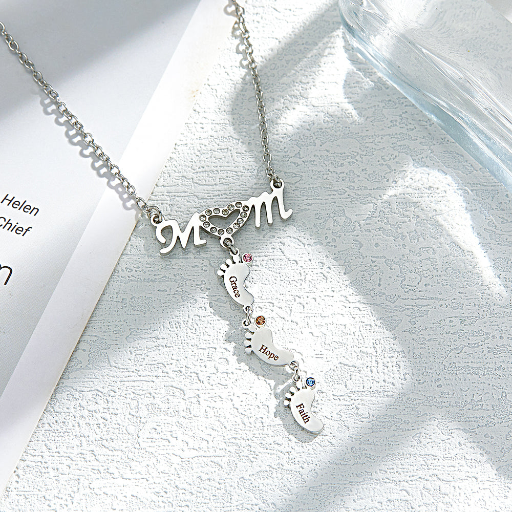 Mother's Necklace With Small Custom Name & Birthstone Baby Foot Charms - soufeelus