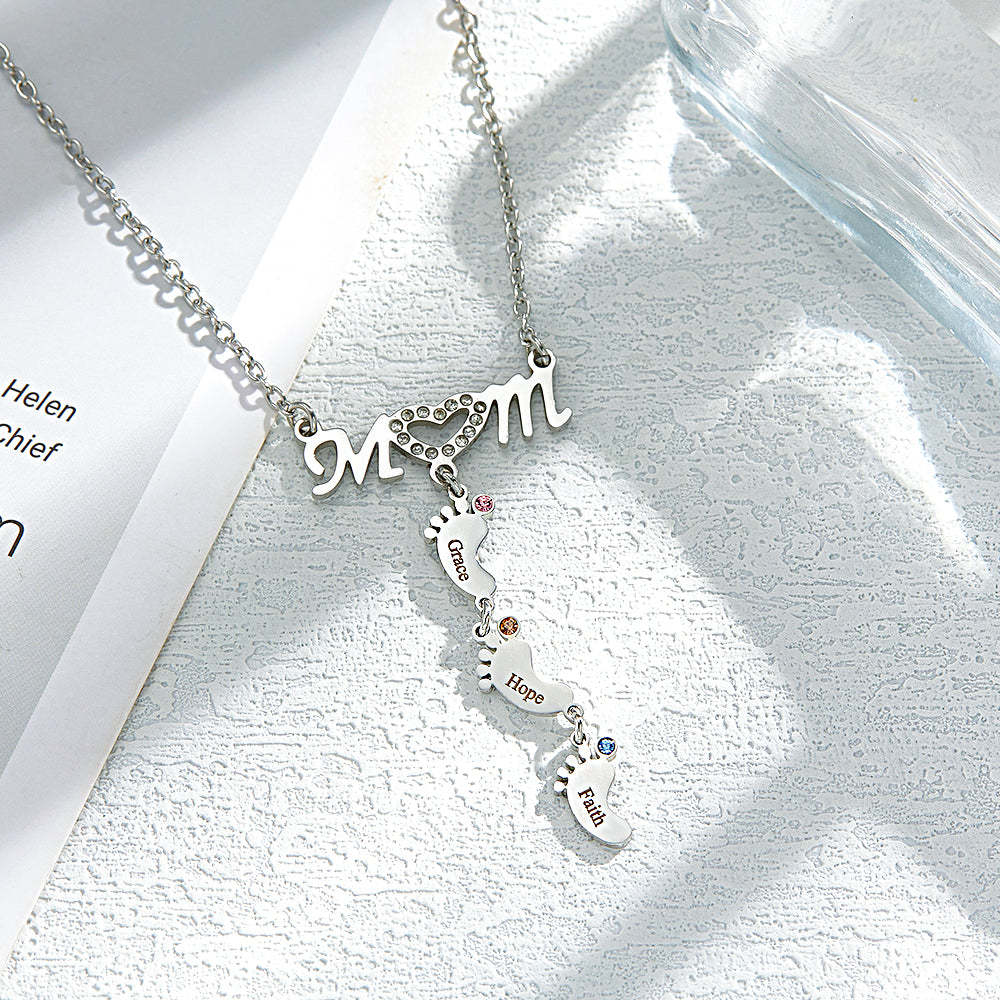 Mother's Necklace With Small Custom Name & Birthstone Baby Foot Charms - soufeelus