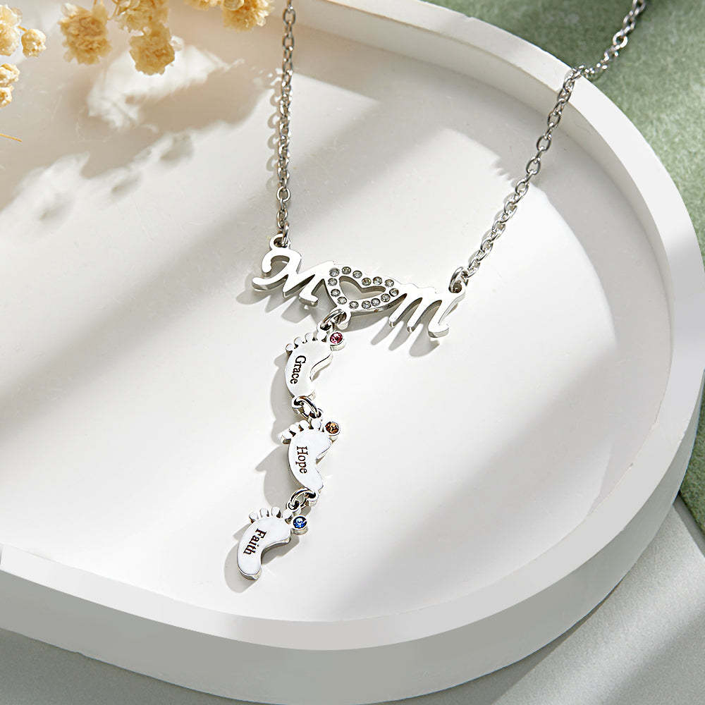 Mother's Necklace With Small Custom Name & Birthstone Baby Foot Charms - soufeelus