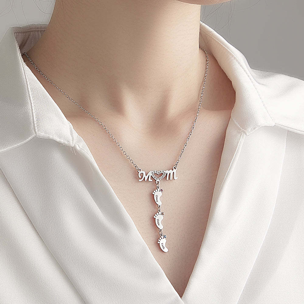 Mother's Necklace With Small Custom Name & Birthstone Baby Foot Charms - soufeelus