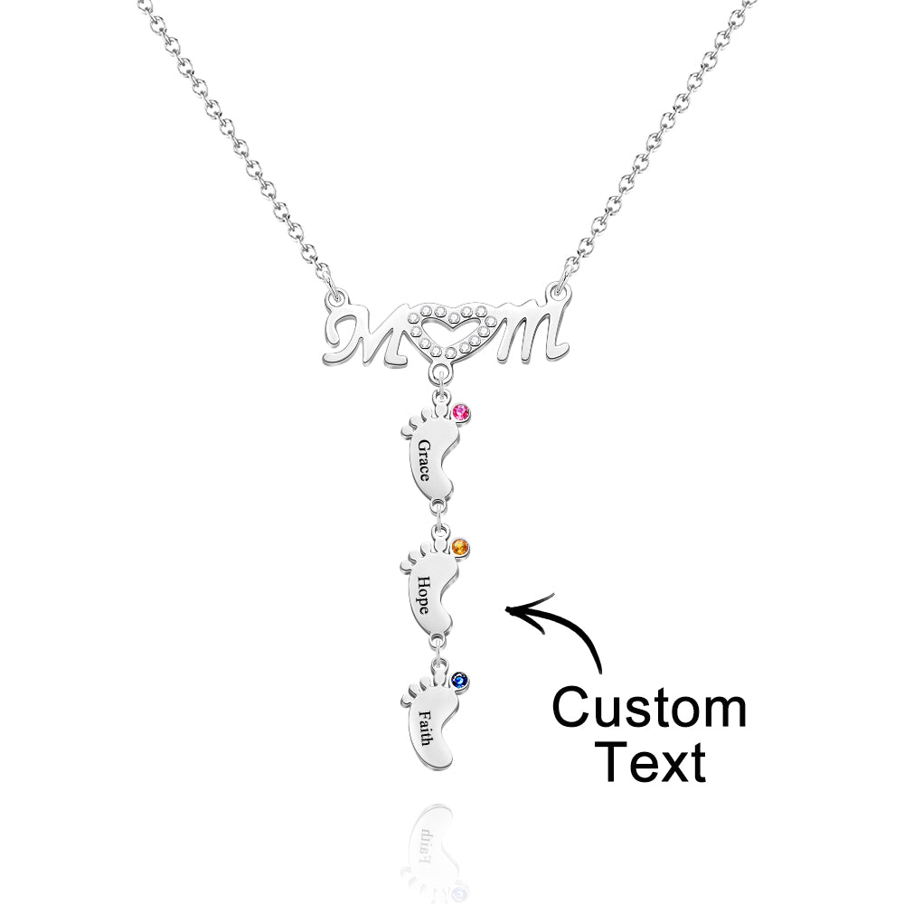 Mother's Necklace With Small Custom Name & Birthstone Baby Foot Charms - soufeelus