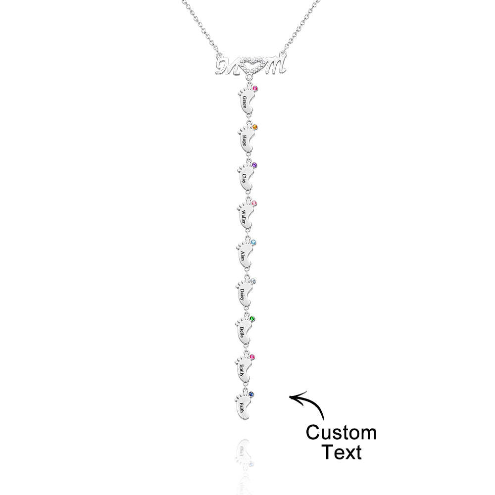 Mother's Necklace With Small Custom Name & Birthstone Baby Foot Charms - soufeelus