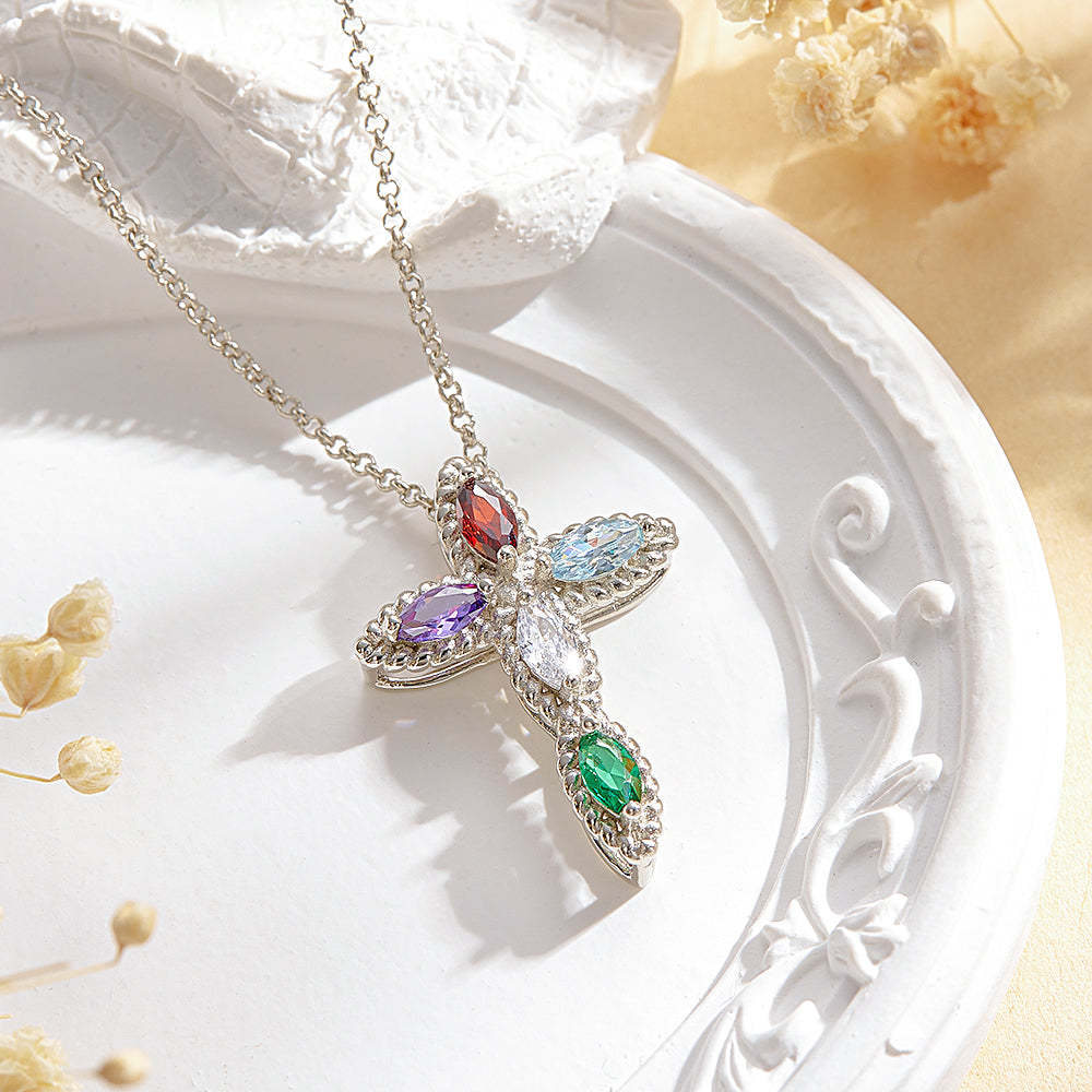 Personalized Mini Cross Pendant Necklace Custom Birthstones Necklace Christening Gift for Her - soufeelus