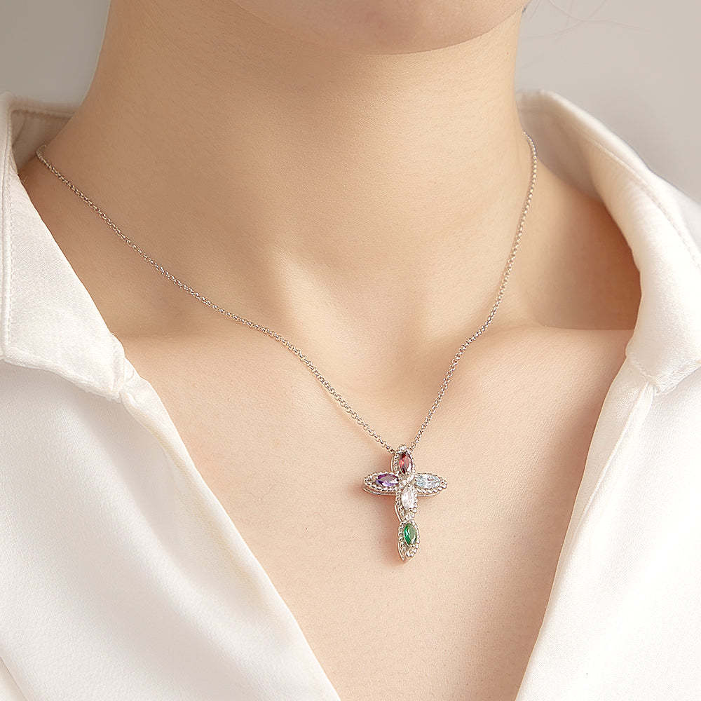 Personalized Mini Cross Pendant Necklace Custom Birthstones Necklace Christening Gift for Her - soufeelus