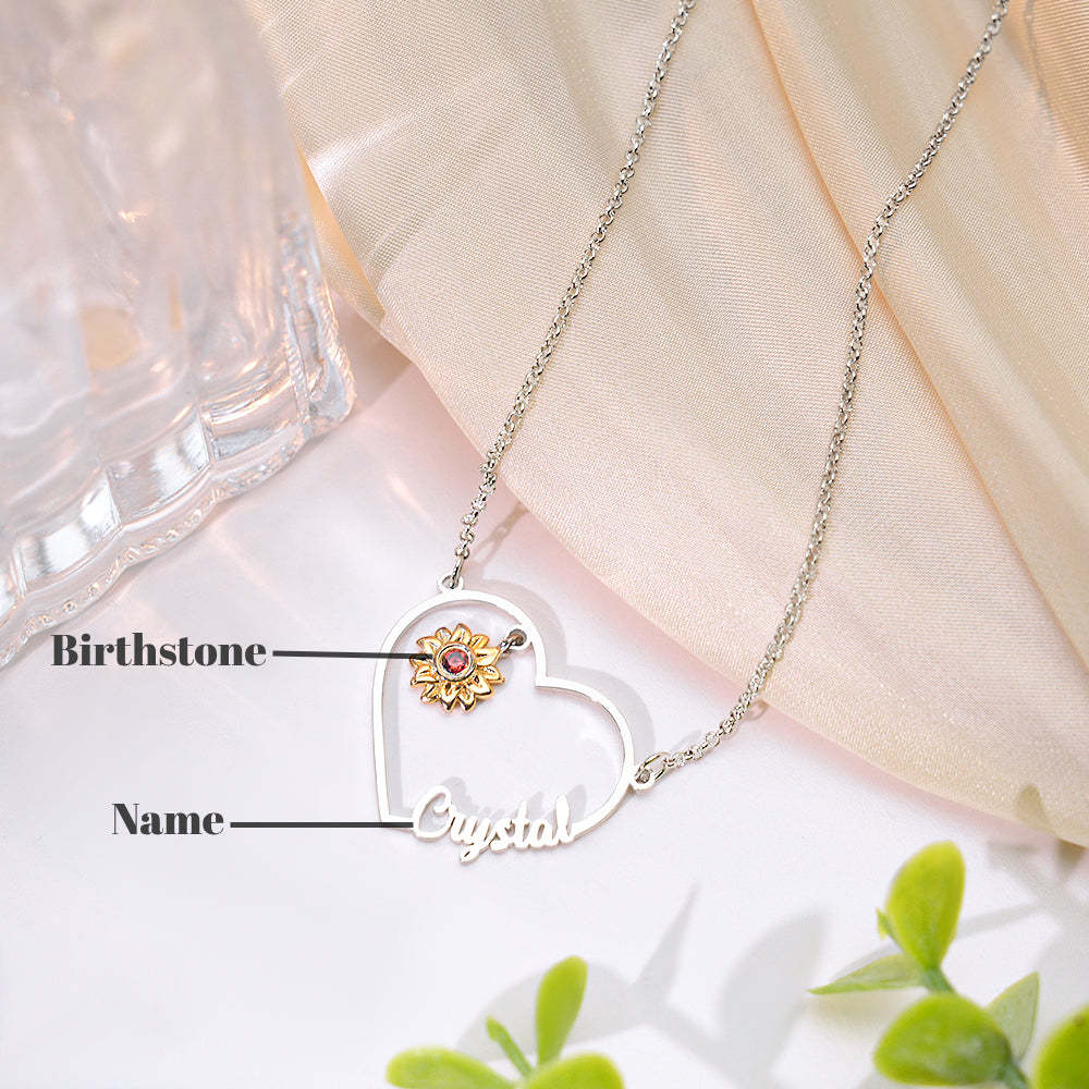 Personalized Heart-Shaped Sunflower Name Necklace with Birthstone Birthday Anniversary Gift for Her - soufeelus