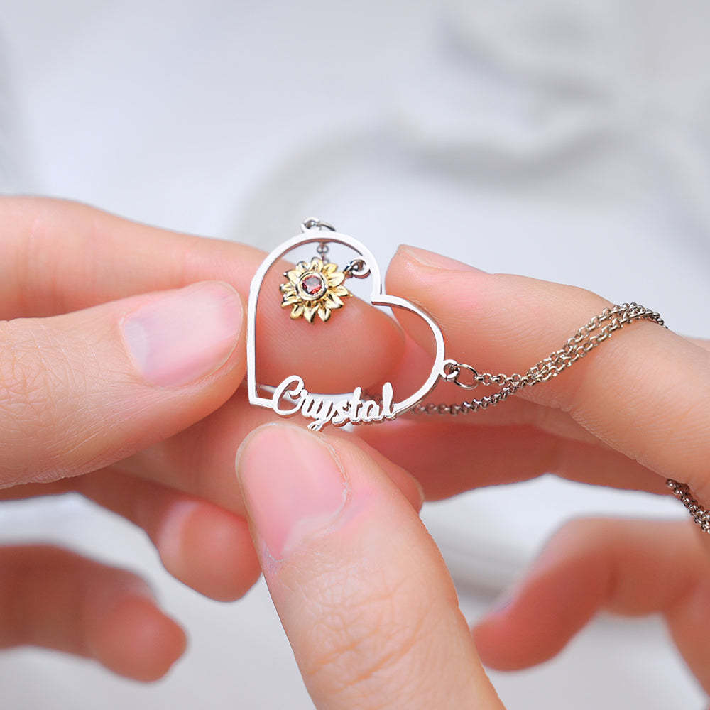 Personalized Heart-Shaped Sunflower Name Necklace with Birthstone Birthday Anniversary Gift for Her - soufeelus