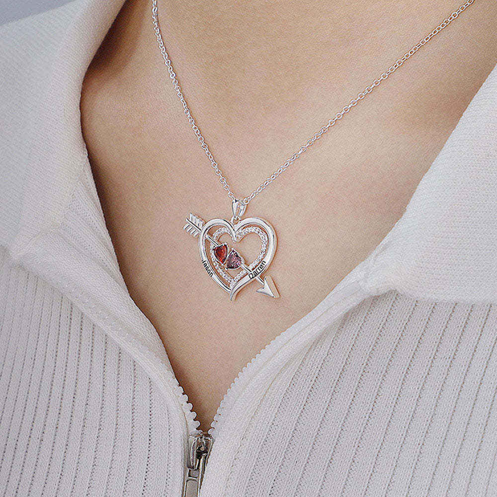 Personalized Name Birthstone Cupid Arrow Heart Necklace Engrave Necklace for Her - soufeelus