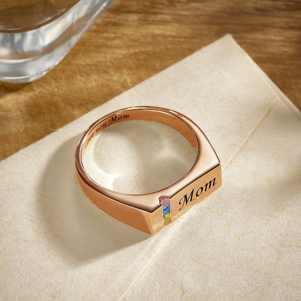 Custom Text Birthstone Ring Rose Gold Plated Personalized Family Ring Gift For Her - soufeelus