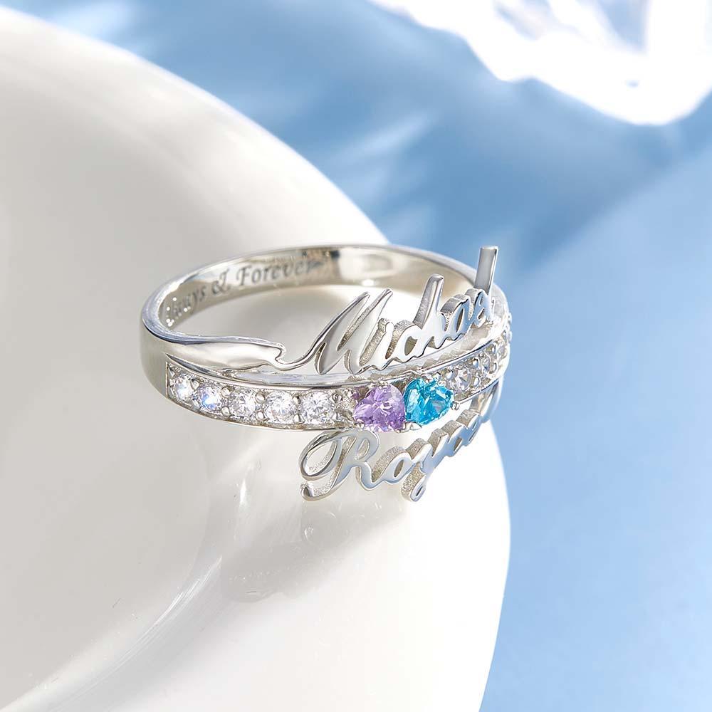 Custom Name and Text Double Heart Birthstone Promise Ring Anniversary Gift - soufeelus