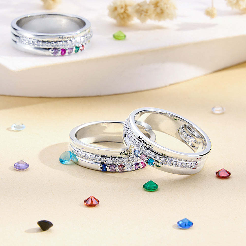 Personalized Birthstones Ring with Engraved Text Family Ring Jewelry Birthday Gift for Mom Grandma - soufeelus