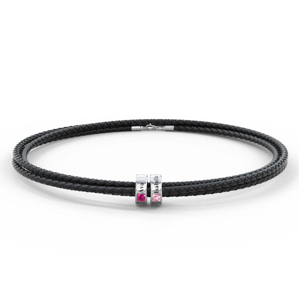 Custom Engraved Name Leather Bracelet With Birthstone Beads for Him - soufeelus