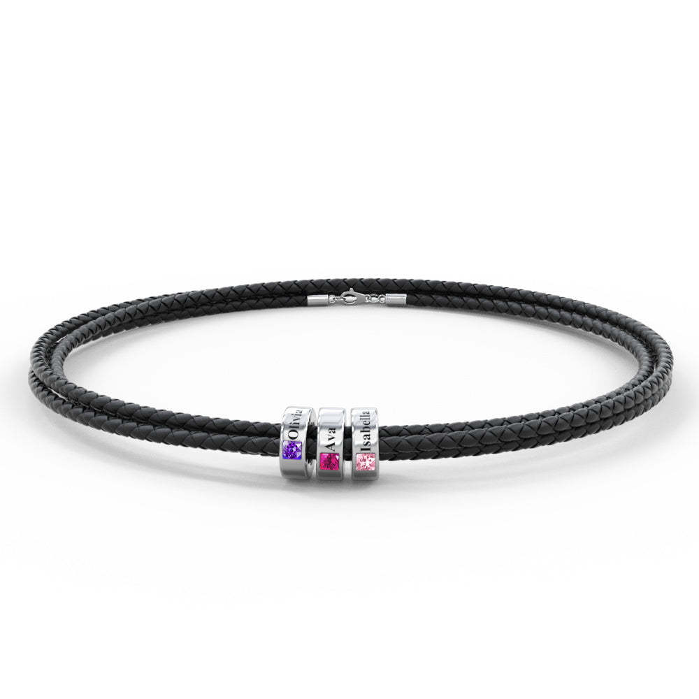 Custom Engraved Name Leather Bracelet With Birthstone Beads for Him - soufeelus