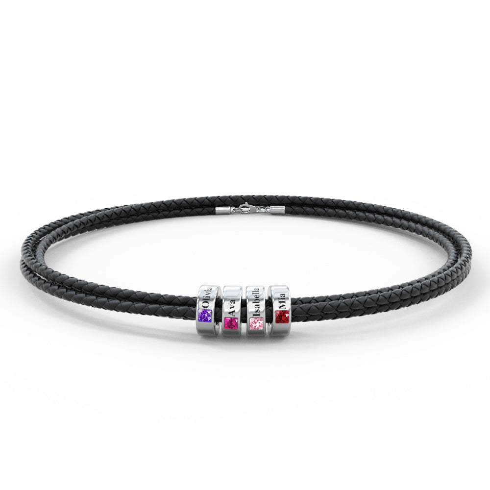 Custom Engraved Name Leather Bracelet With Birthstone Beads for Him - soufeelus
