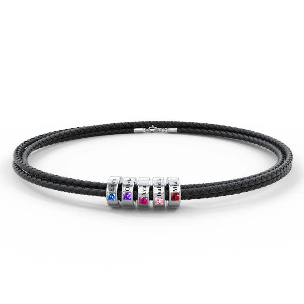 Custom Engraved Name Leather Bracelet With Birthstone Beads for Him - soufeelus