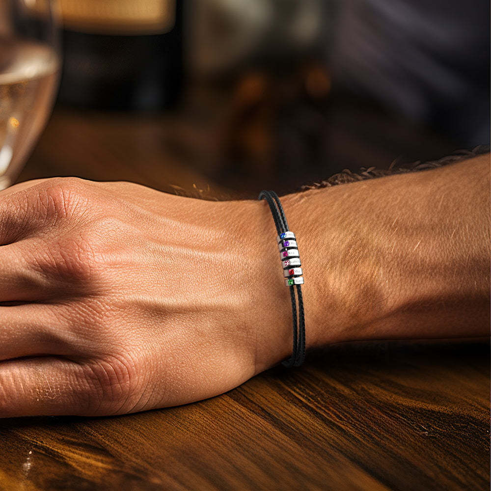 Custom Engraved Name Leather Bracelet With Birthstone Beads for Him - soufeelus