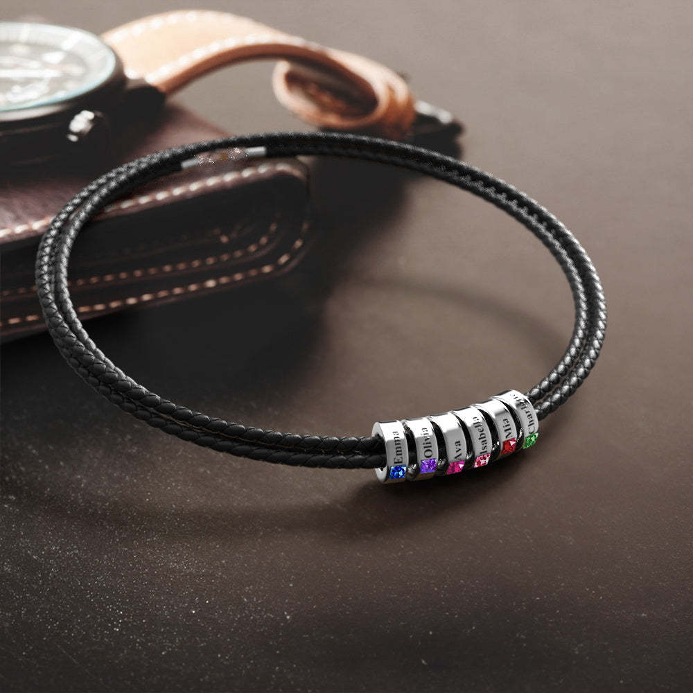 Custom Engraved Name Leather Bracelet With Birthstone Beads for Him - soufeelus