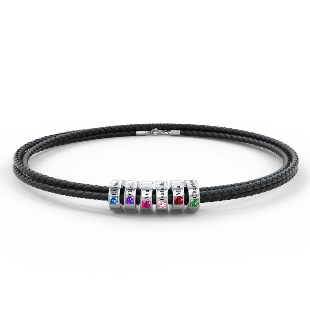 Custom Engraved Name Leather Bracelet With Birthstone Beads for Him - soufeelus