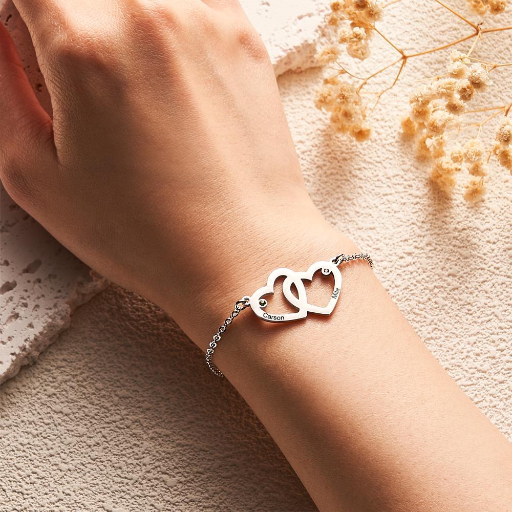 Engravable Combine Double Heart Bracelet With Birthstone Chain Bracelet Gifts For Women - soufeelus