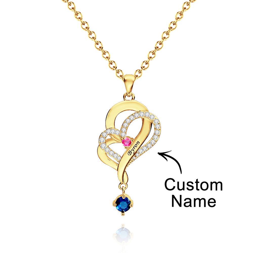 Custom Birthstone Double Hearts Necklace Engraved Elegant Pendant Jewelry For Her - soufeelus