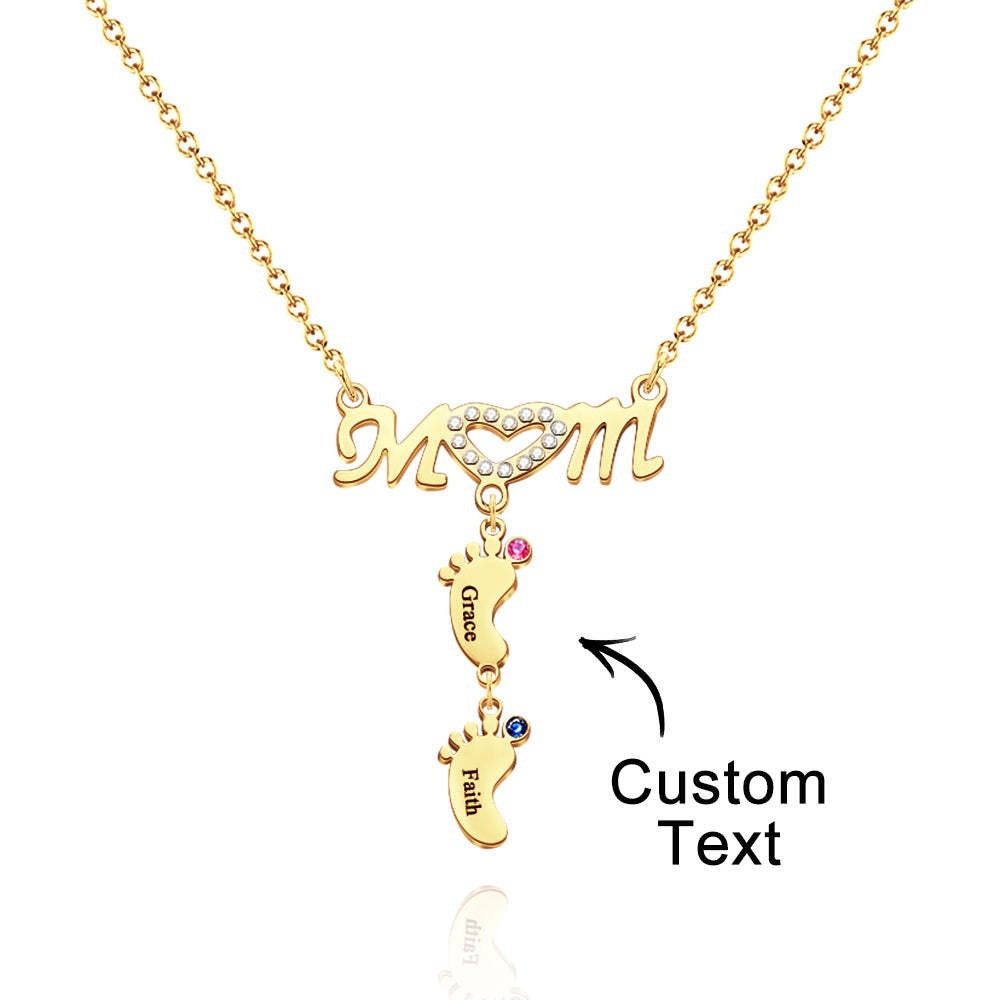 Mother's Necklace With Small Custom Name & Birthstone Baby Foot Charms - soufeelus