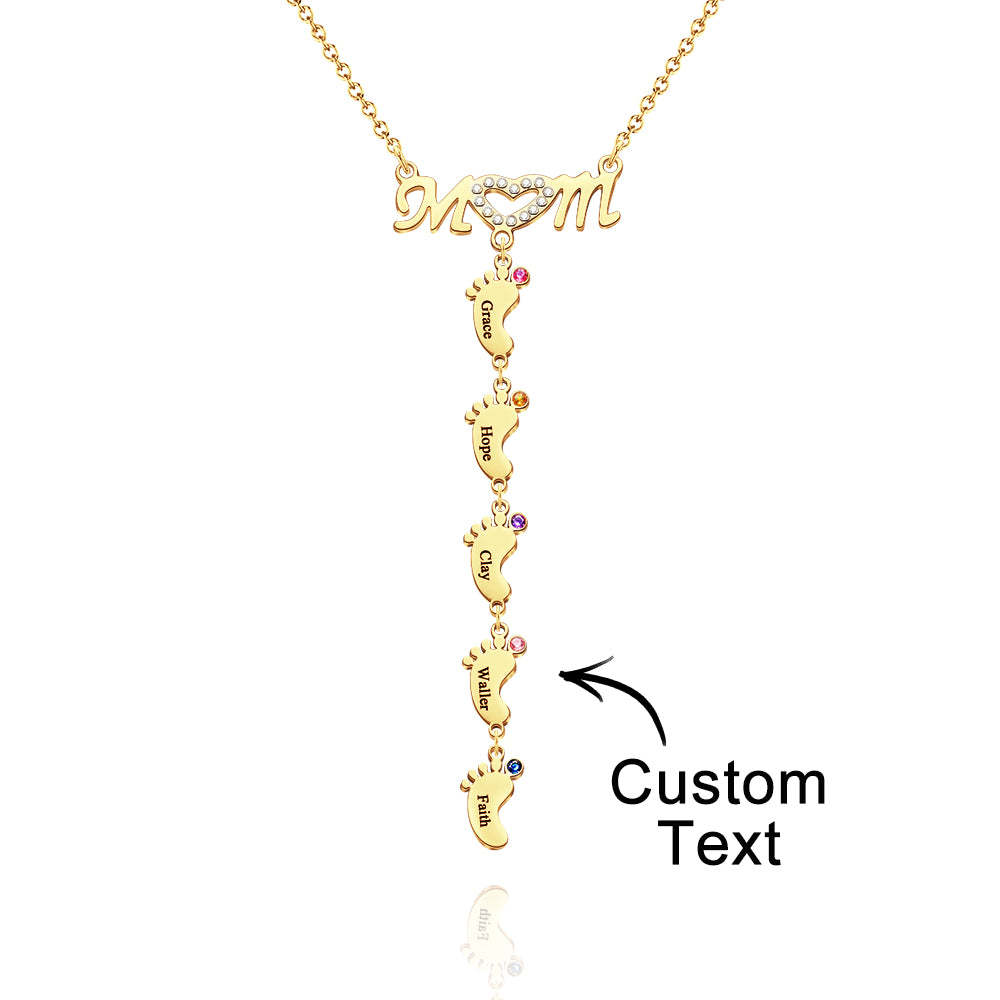 Mother's Necklace With Small Custom Name & Birthstone Baby Foot Charms - soufeelus