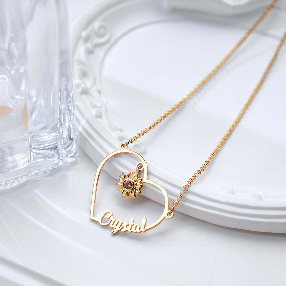 Personalized Heart-Shaped Sunflower Name Necklace with Birthstone Birthday Anniversary Gift for Her - soufeelus