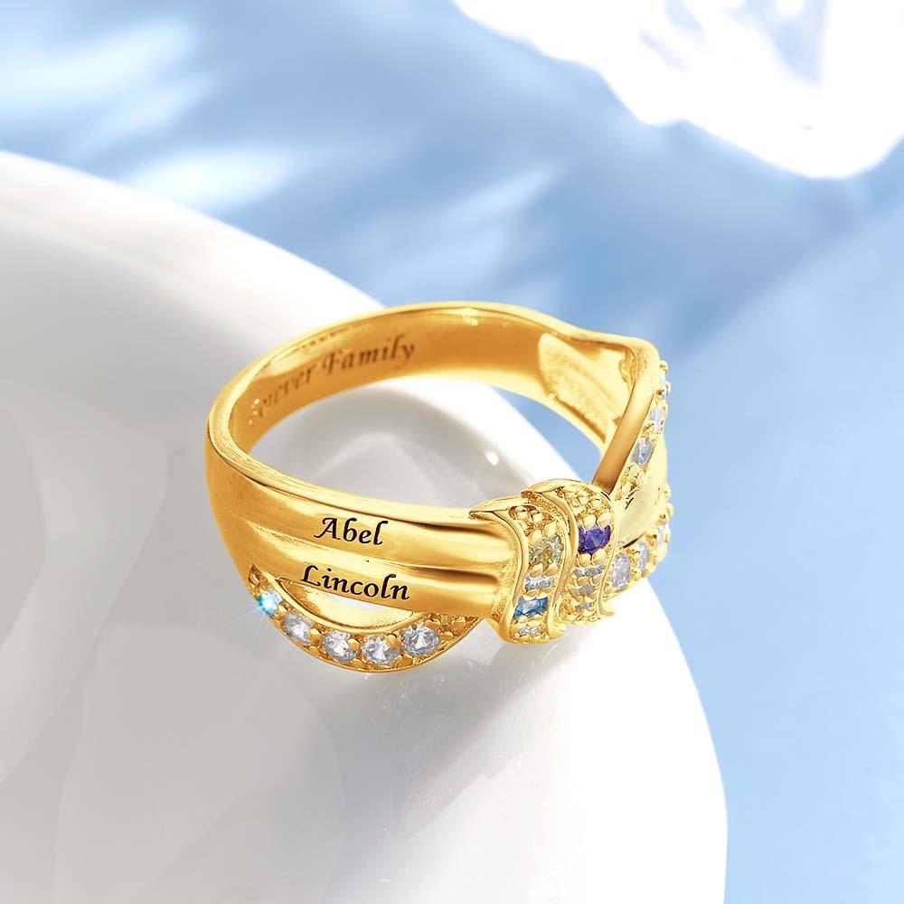 Custom Name and Text Birthstone Ring 18k Gold Plated Personalized Family Ring Gift For Her - soufeelus