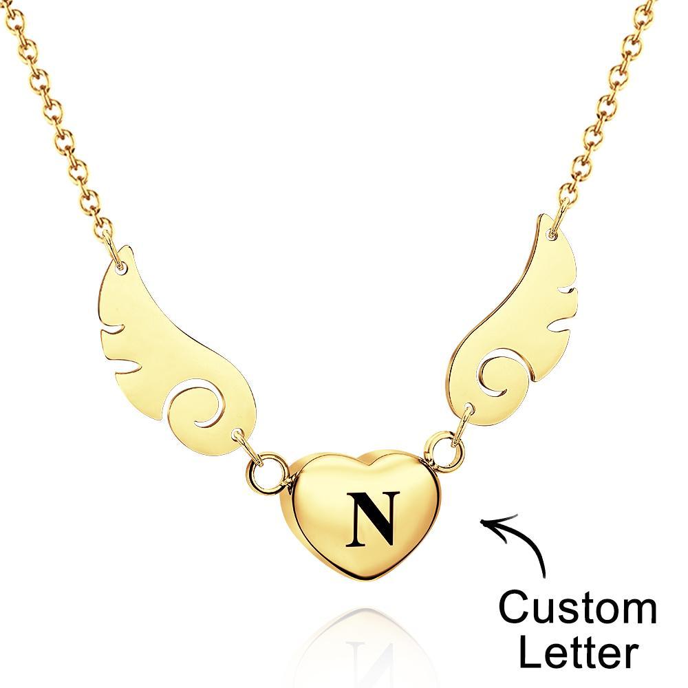 Custom Engraved Angel Wings Necklace With Letter Heart Charm Jewelry Gifts For Her - soufeelus