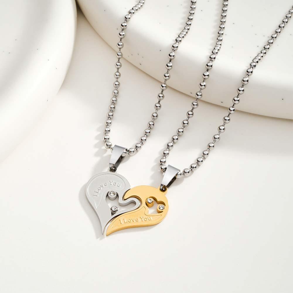 Custom Engraved I Love You Rhinestone Necklace Set Gorgeous  Love Heart Necklace For Couples - soufeelus