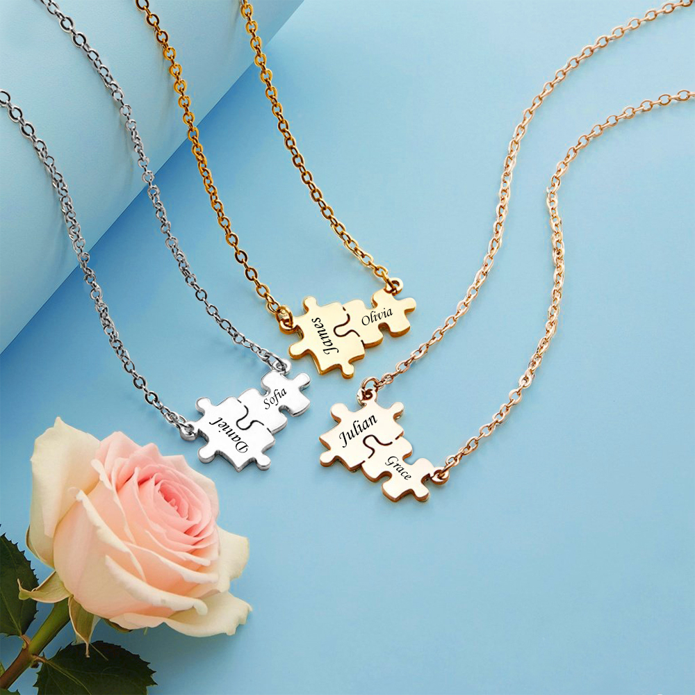 Custom Engraved Name Puzzles Necklace Kid Mom Matching Puzzles Necklace Autism Awareness Jewelry Mother`s Day Gift Birthday Gift for Women