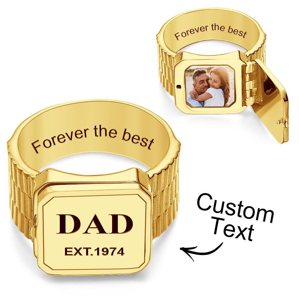 Photo Locket Ring for Dad That Holds Pictures inside Personalized Memorial Photo Locket Band Rings Gift for Dad Father Men Grandfather - soufeelus