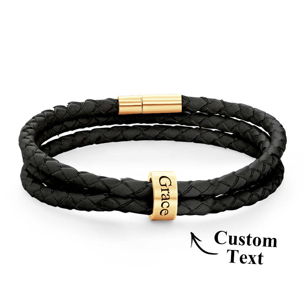 Men Braided Leather Bracelet with Small Custom Beads - soufeelus