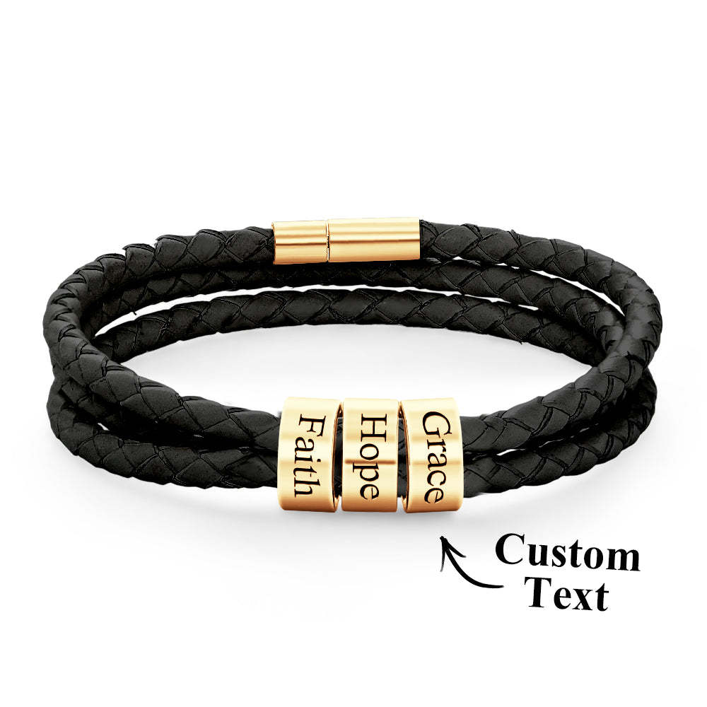 Men Braided Leather Bracelet with Small Custom Beads - soufeelus