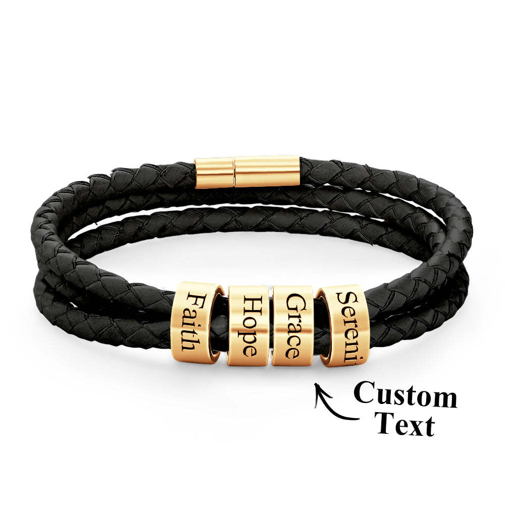 Men Braided Leather Bracelet with Small Custom Beads - soufeelus
