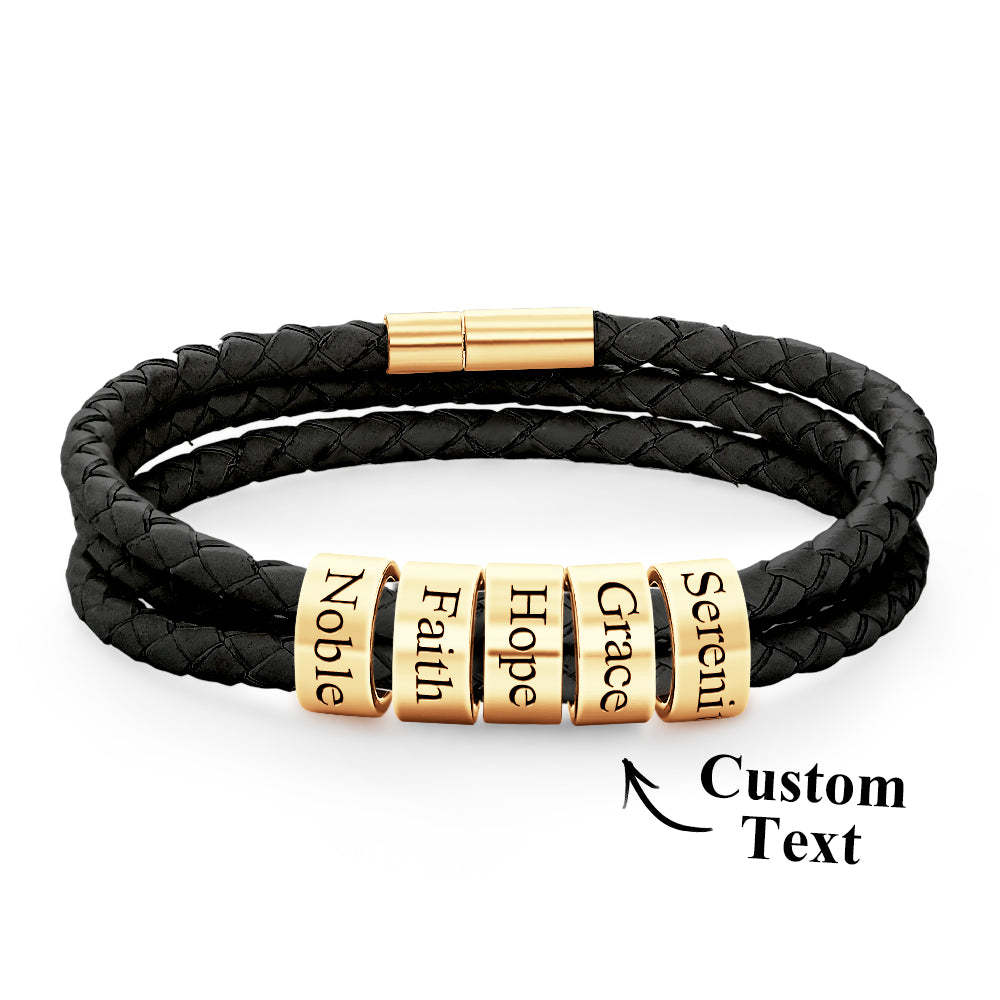 Men Braided Leather Bracelet with Small Custom Beads - soufeelus