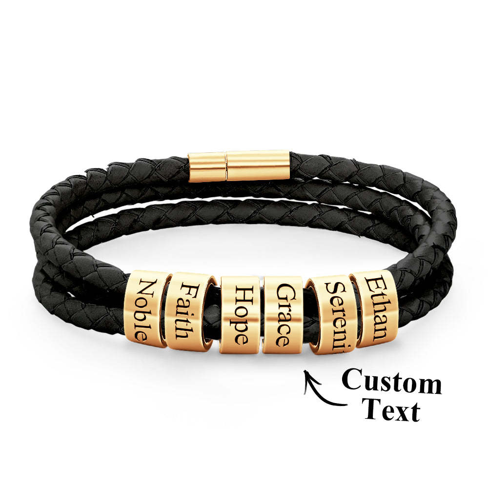 Men Braided Leather Bracelet with Small Custom Beads - soufeelus