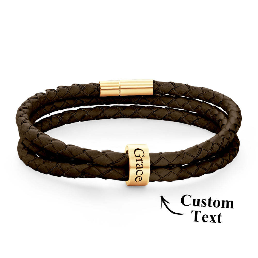 Men Braided Leather Bracelet with Small Custom Beads - soufeelus