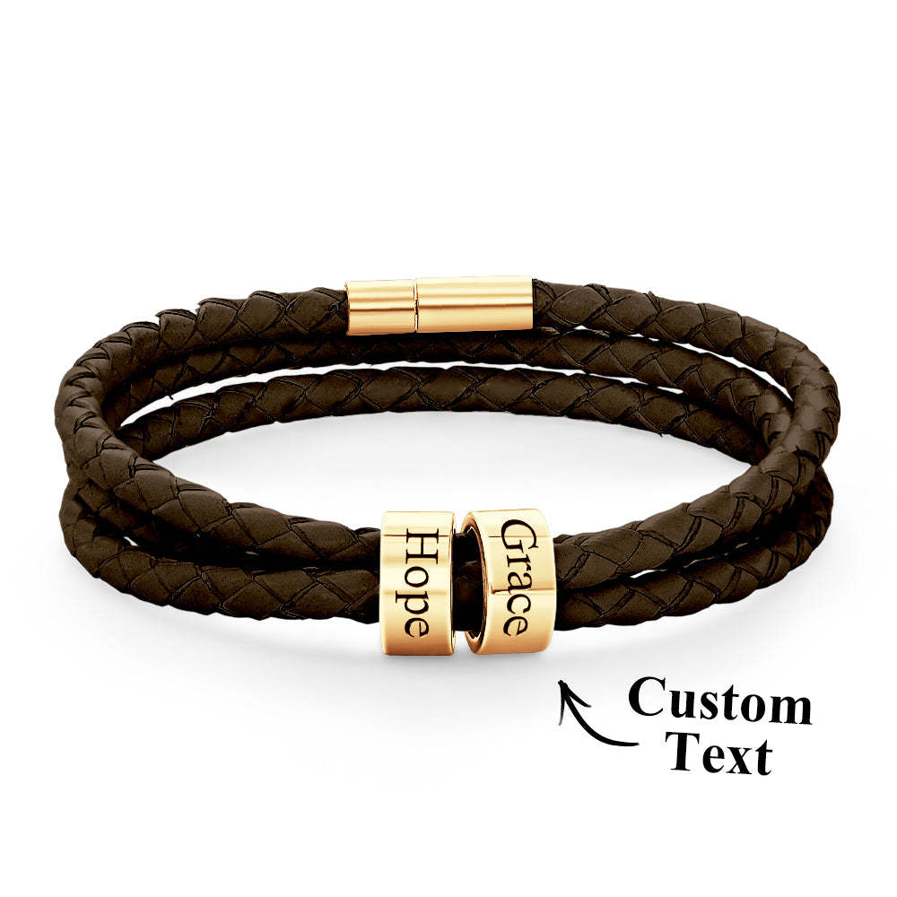 Men Braided Leather Bracelet with Small Custom Beads - soufeelus